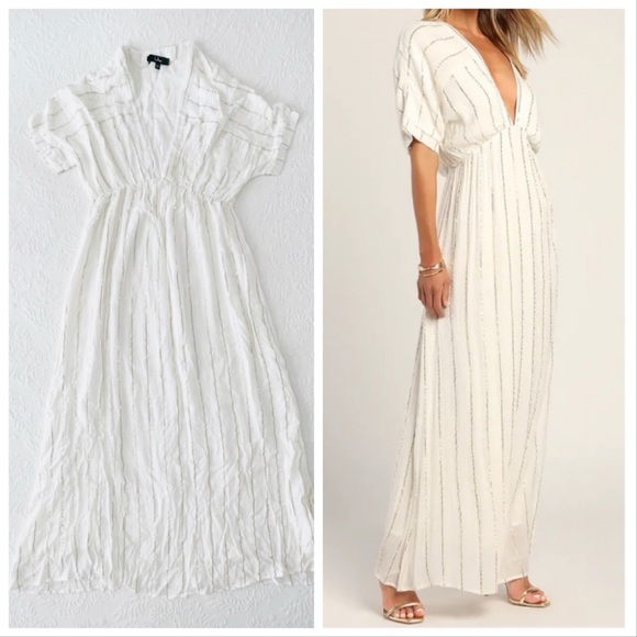 NWOT Lulus Goddess Vibes Ivory Gold Striped Dolman Sleeve Maxi Dress XLarge - Picture 1 of 7